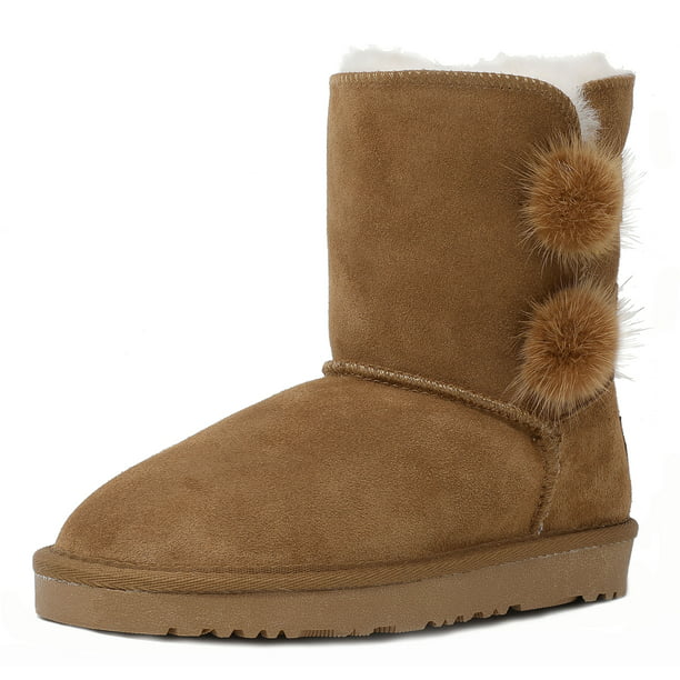 New Girl's faux fur lined winter boot with Pom Pom Tan
